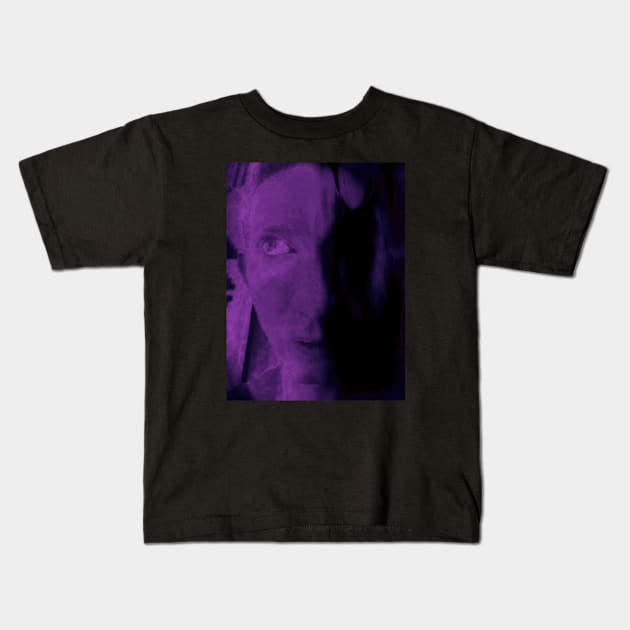 Portrait, digital collage, special processing. Weird and bizarre. Face of man, thinking about something. Violet and dim. Kids T-Shirt by 234TeeUser234